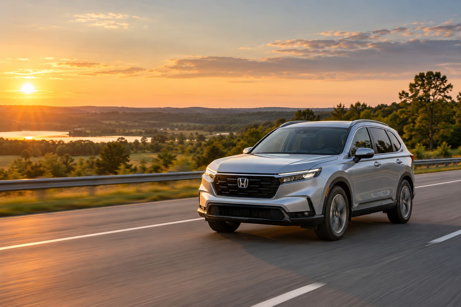 A silver Honda crossover driving along a highway at sunset, with rolling countryside and a lake behind it