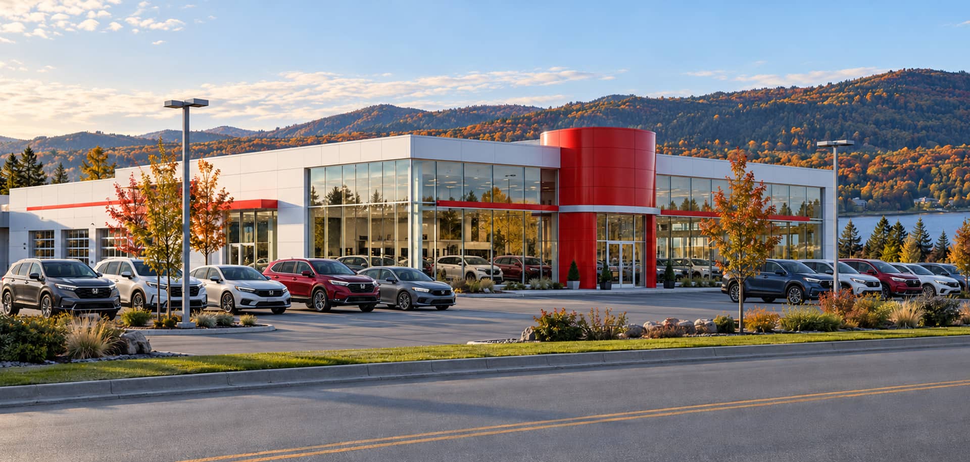 Modern car dealership exterior at golden hour, with a red tower and a row of cars against wooded hills