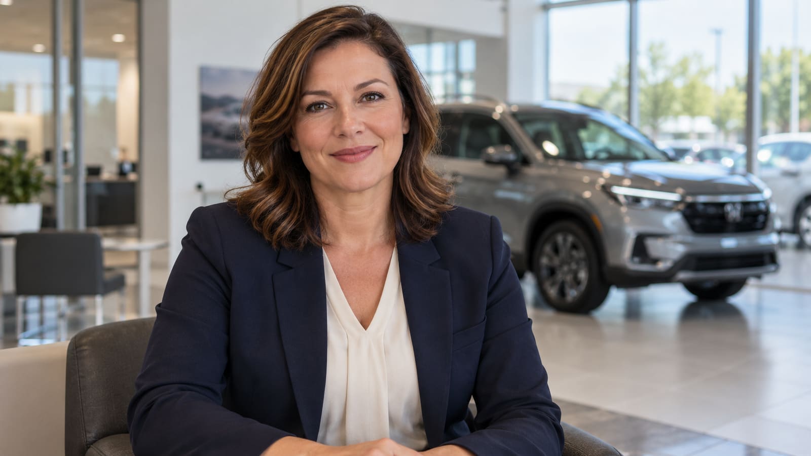 Smiling woman with shoulder-length brown hair, wearing a navy blazer and a cream blouse, seated in a bright car showroom