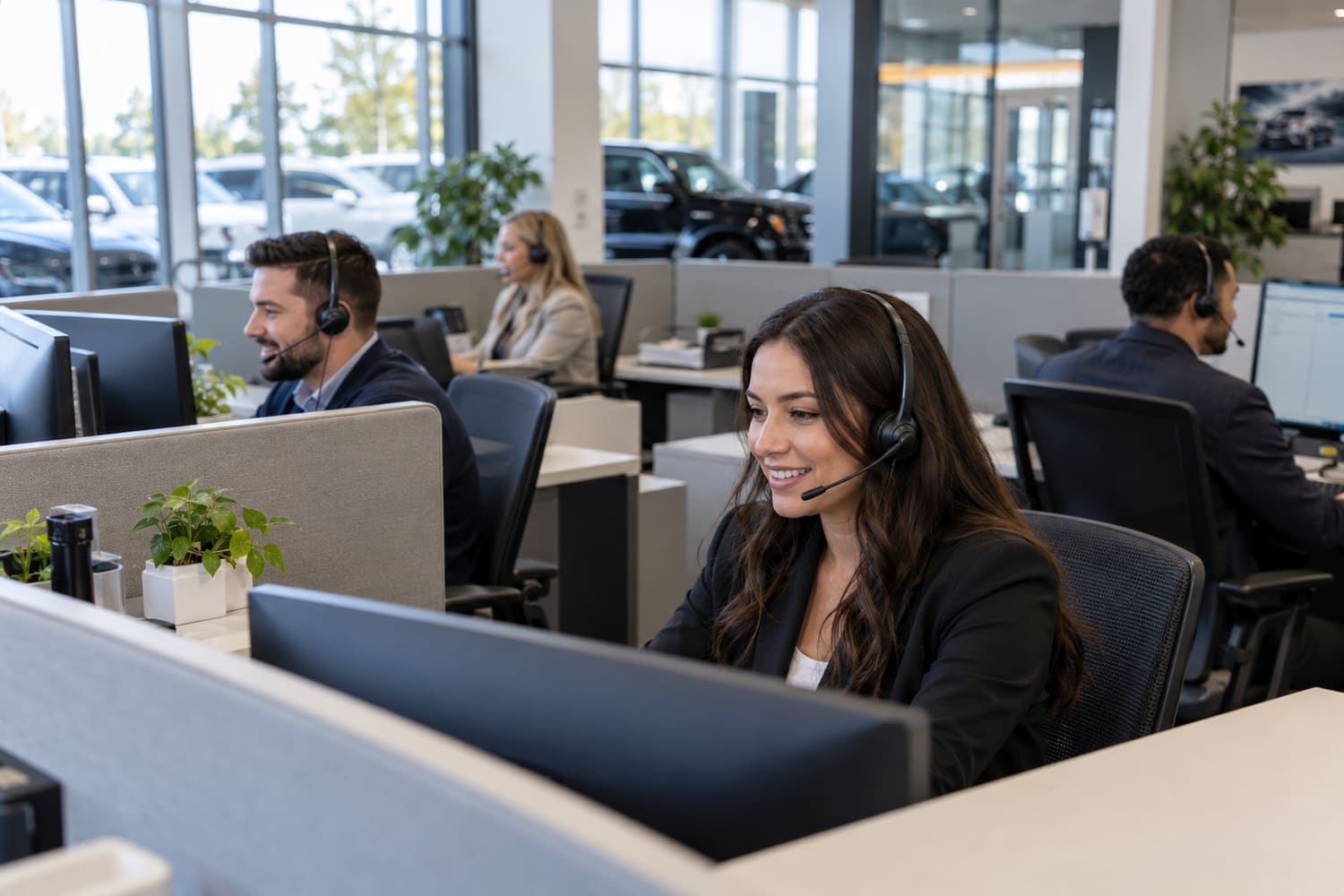 Several people wearing headsets at their desks in a bright open-plan office with large windows
