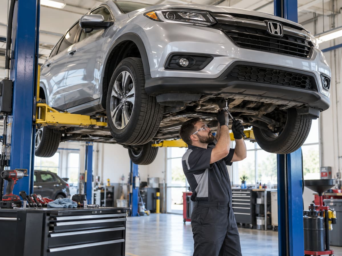 Technician in work clothes and safety glasses working under a silver Honda crossover raised on a two-post lift in a service bay