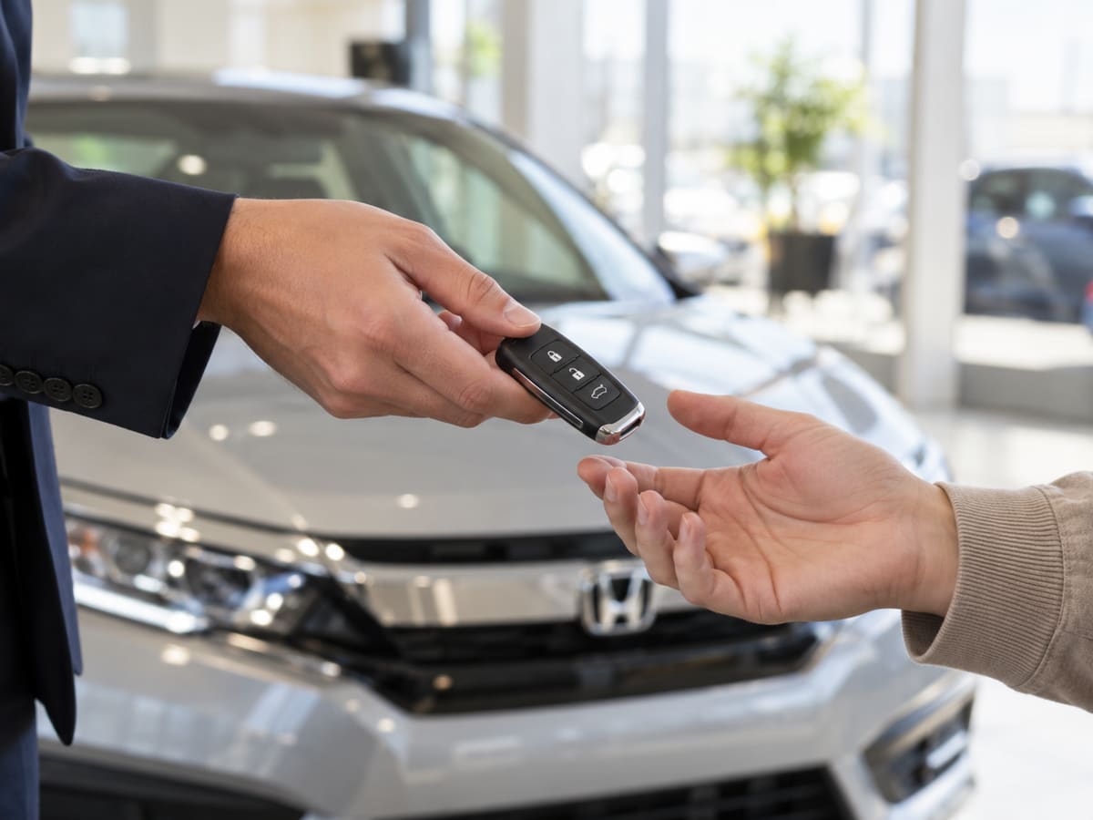 One hand passing a car key fob to another hand, with a silver Honda softly blurred in a bright showroom behind