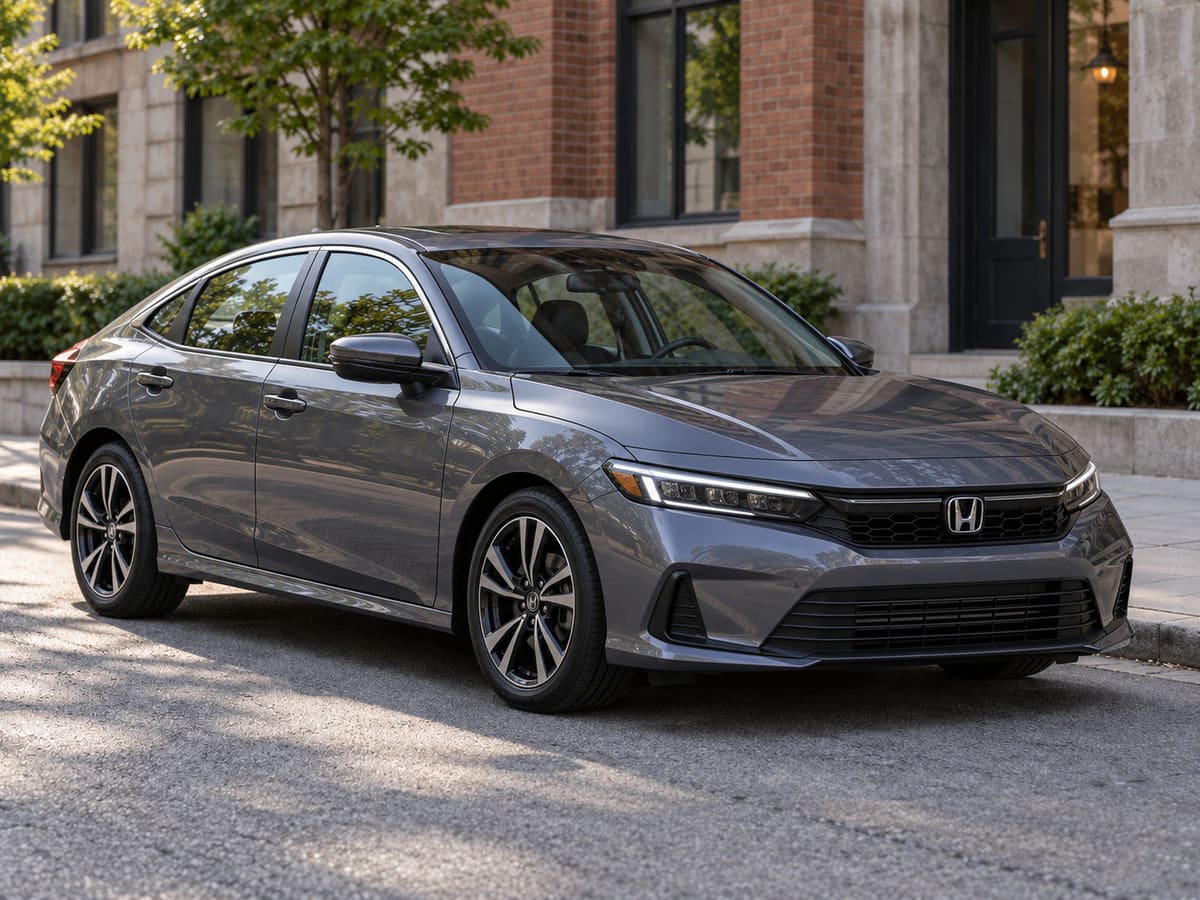 A grey Honda sedan parked on a city street in front of a brick and stone building