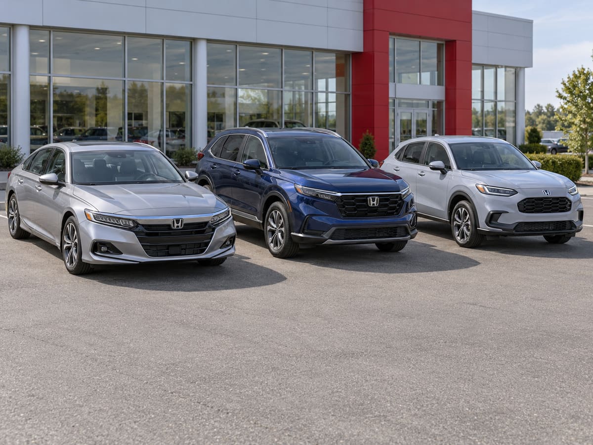Three Honda vehicles parked side by side in front of a glass-fronted building: a silver sedan, a dark blue crossover and a light grey compact crossover