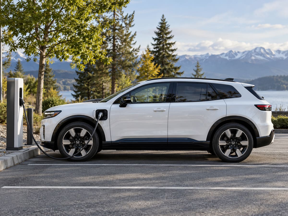 A white Honda electric SUV plugged into a charging post in a parking area, with trees, a lake and mountains behind it