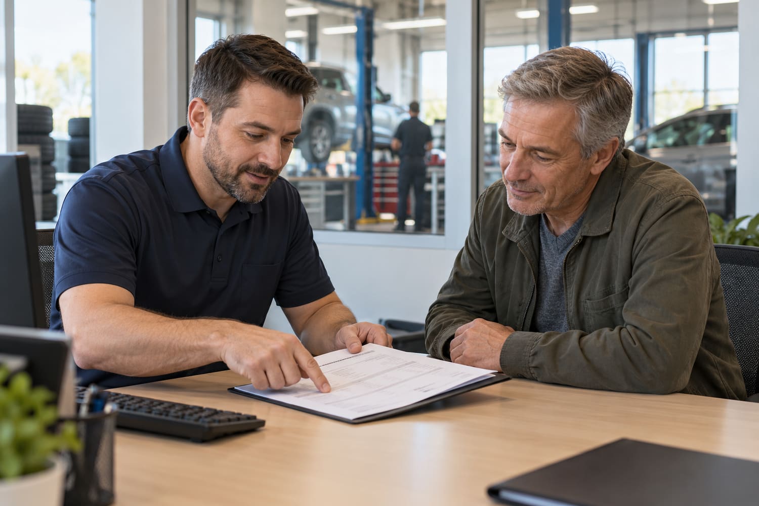 Two men seated at a desk, one pointing to a printed work order while the other looks on, with a service bay visible through the glass behind them