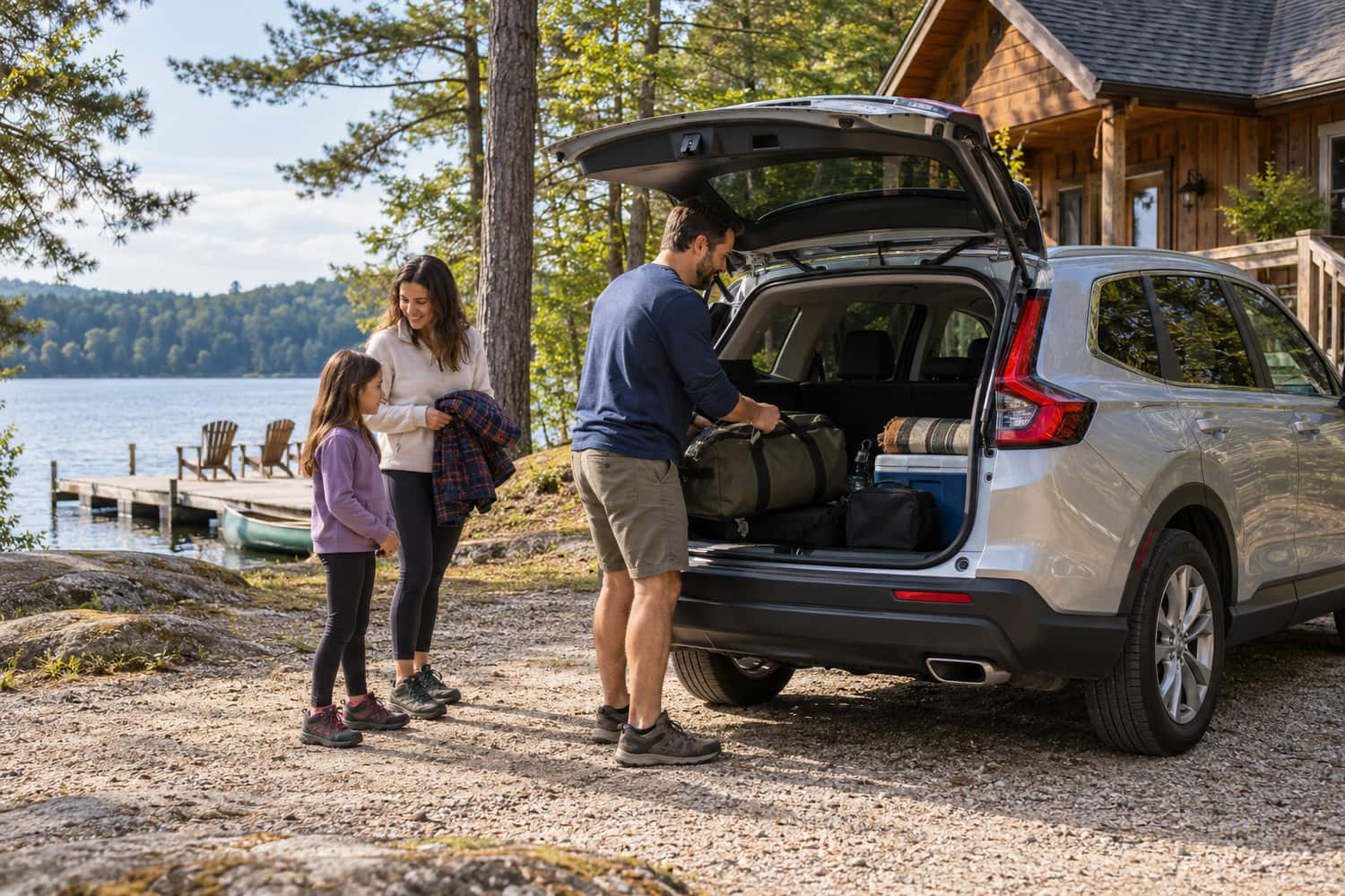 Family of three loading bags into the open rear hatch of a silver Honda crossover beside a lakeside cottage and dock