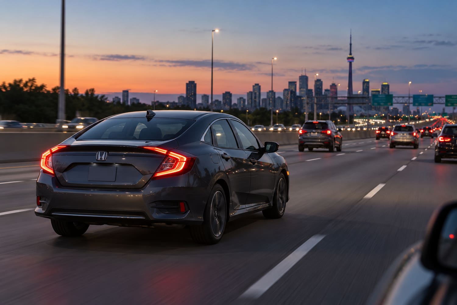 A dark grey Honda sedan seen from behind in evening highway traffic, with a city skyline and a tall tower in the distance at dusk