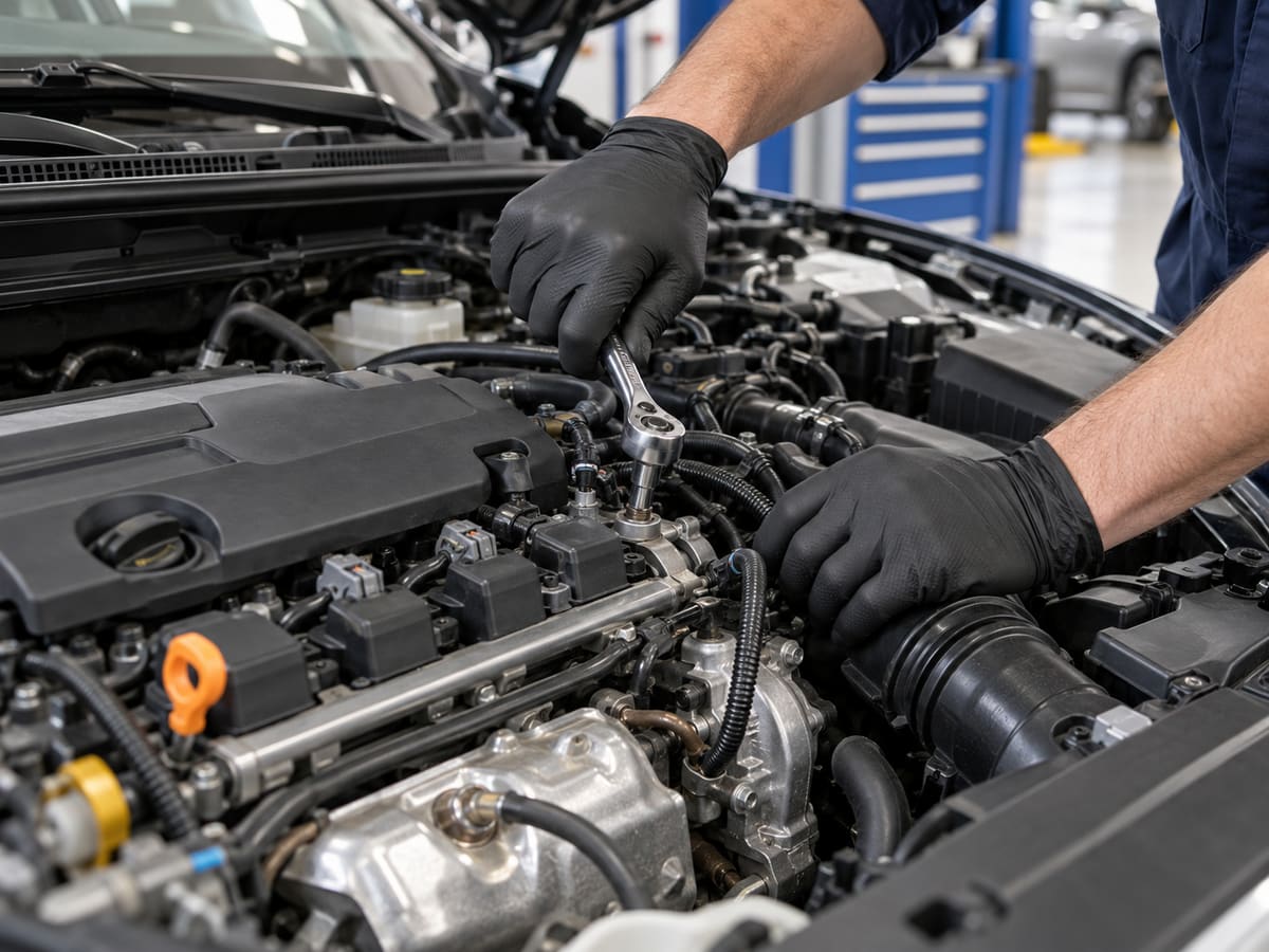Close view of two gloved hands using a ratchet in the open engine bay of a car