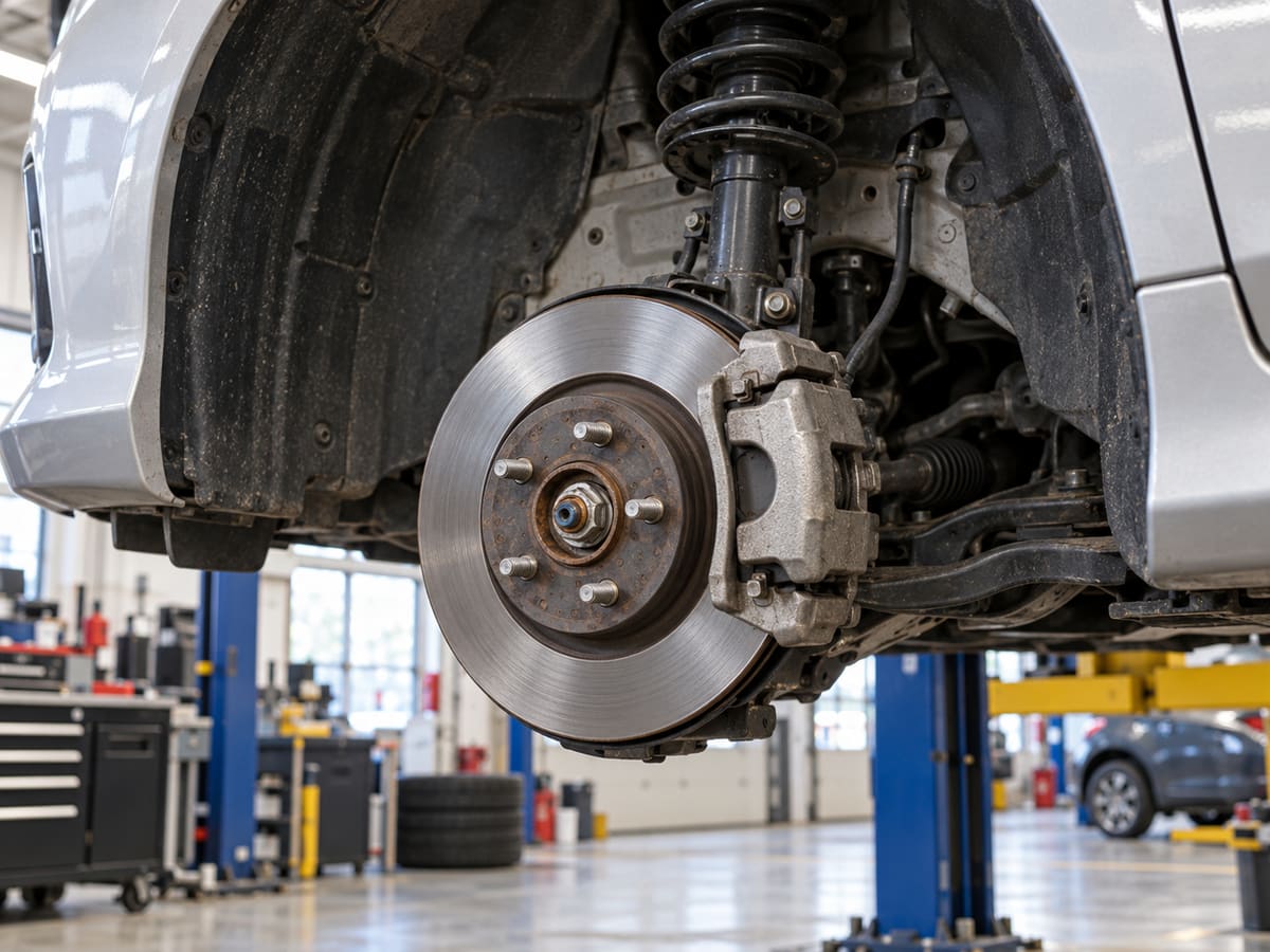 Close view of a front wheel hub, brake rotor, caliper and suspension spring on a car raised on a lift, with a workshop behind