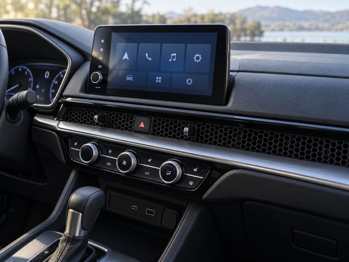 The climate control knobs, honeycomb vent strip and touchscreen on the dashboard of a modern car