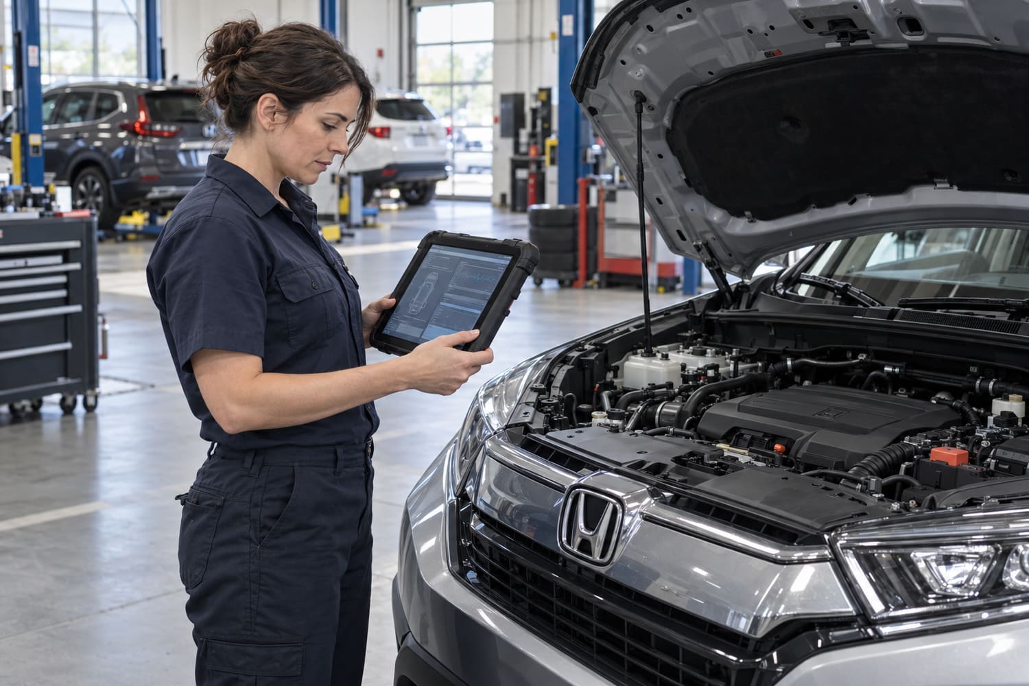 Woman in navy work clothes holding a rugged tablet beside a silver Honda crossover with its hood open, in a service bay