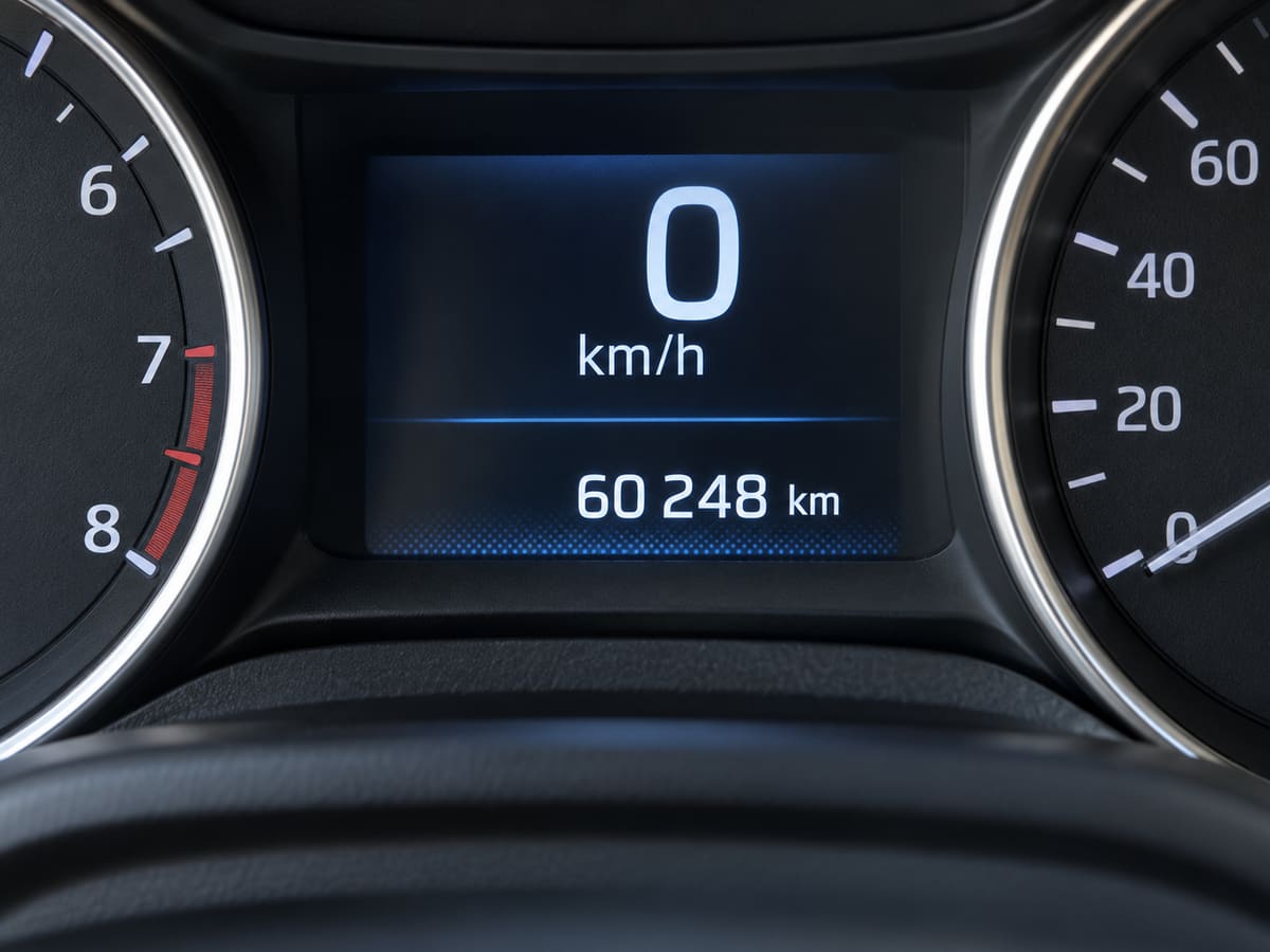 Close-up of a digital instrument cluster and tachometer