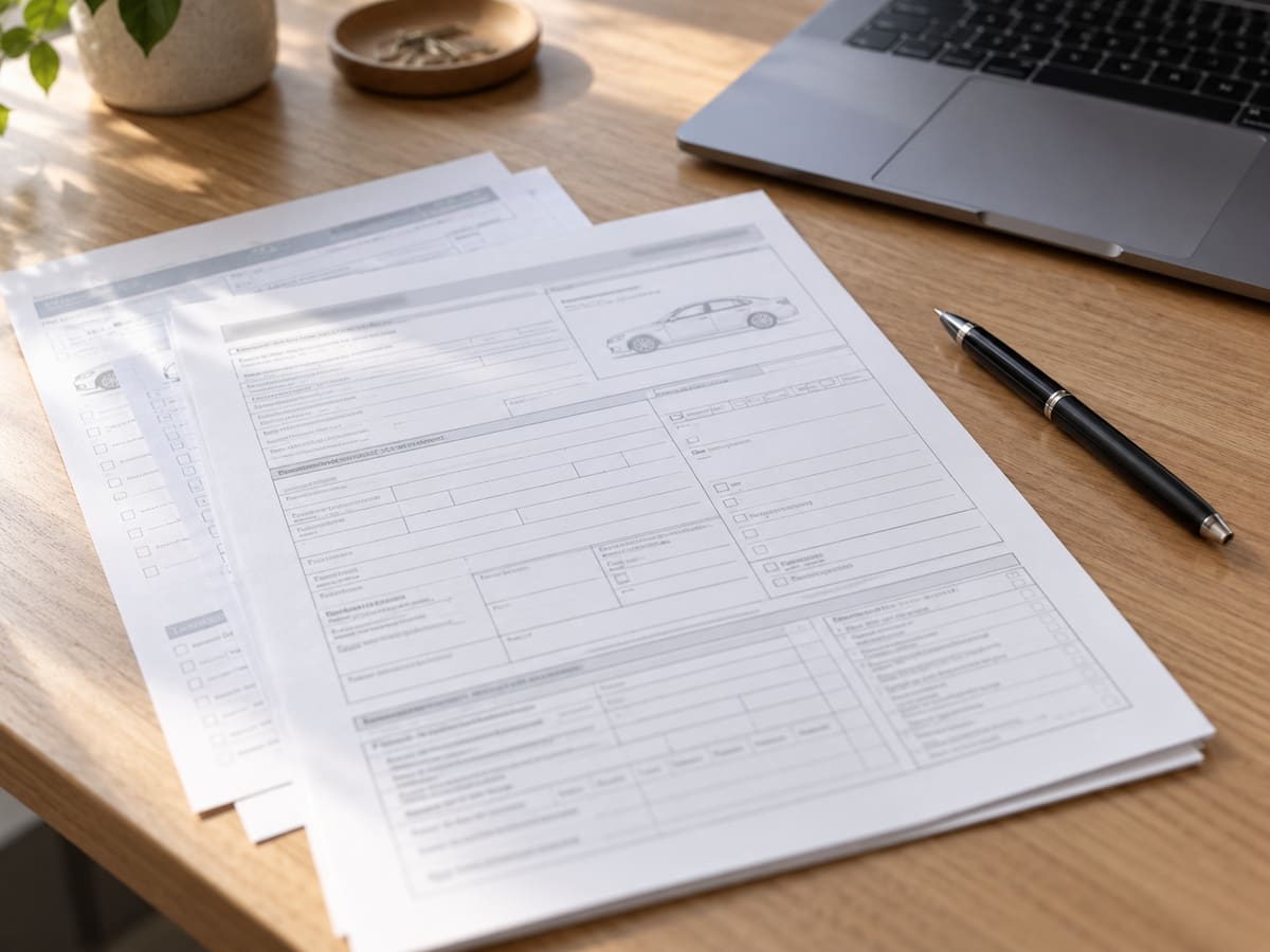 Printed forms with unreadable text on a wooden desk, with a pen beside them and part of a laptop at the back
