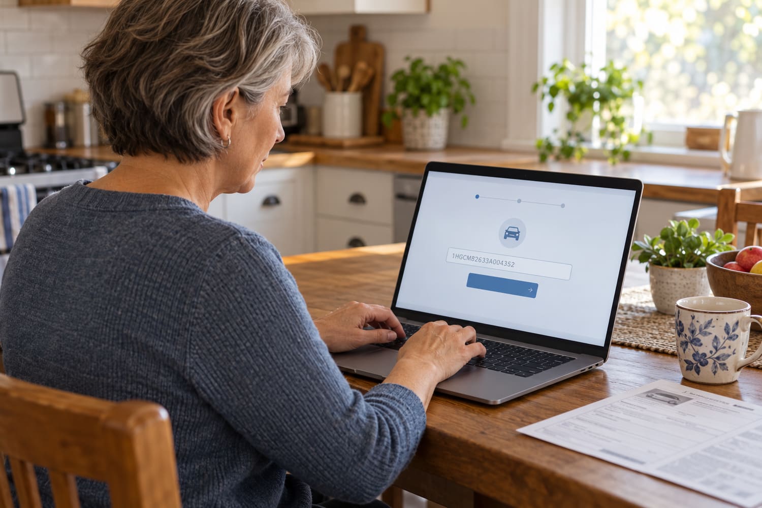 Woman with short grey hair typing on a laptop at a kitchen table, with a simple online form on the screen