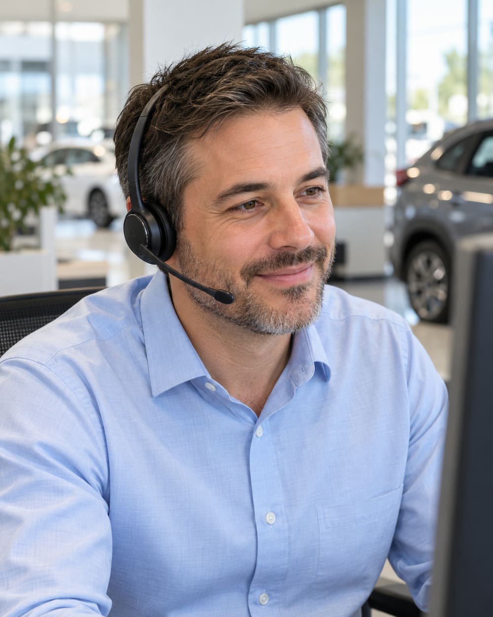 Smiling man in a light-blue shirt wearing a headset, seated at a desk in a bright office as if listening to a caller