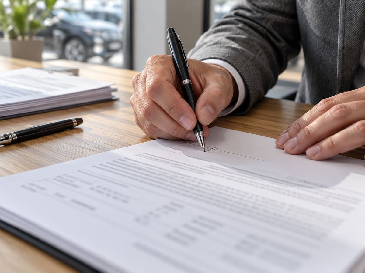 A hand signing a printed document with a black pen on a wooden desk, with a stack of papers and a second pen nearby