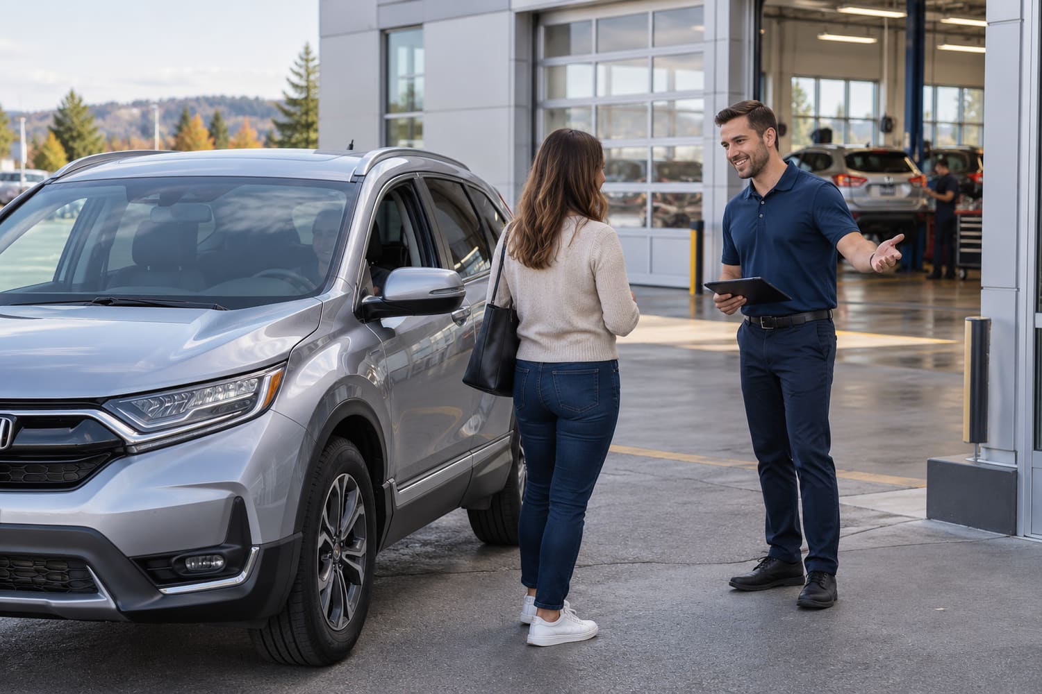 Man in a navy polo holding a tablet and gesturing toward the entrance of a service area, as he speaks with a woman beside a silver Honda crossover