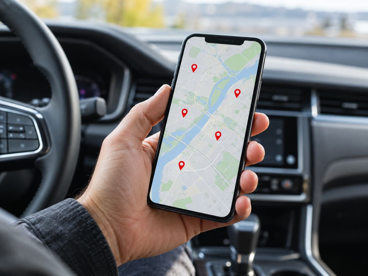 A hand holding a smartphone that shows a street map with several red location pins, inside a car