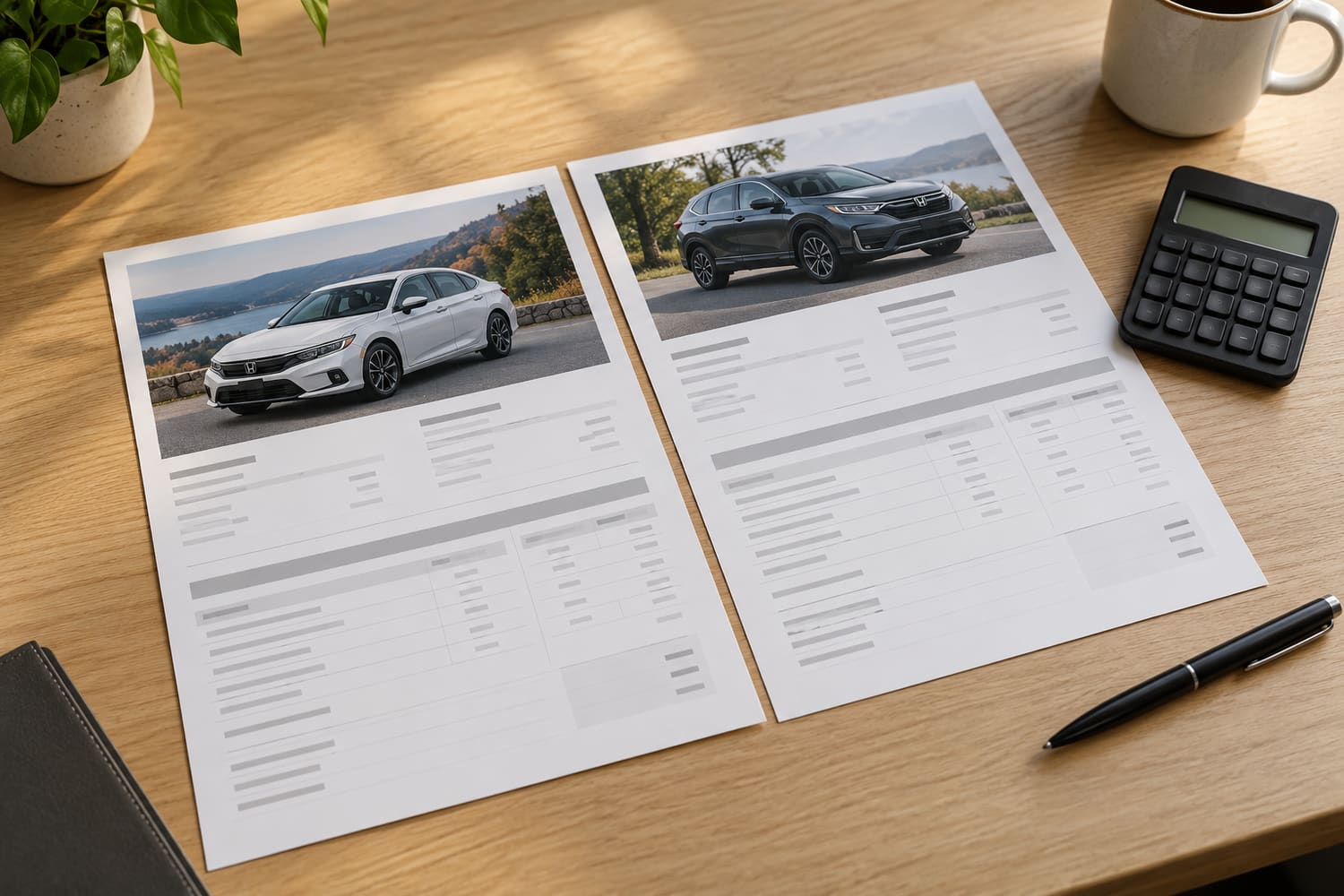 Two printed quote sheets laid side by side on a wooden desk, each with a car picture and rows of unreadable text, with a pen and a calculator nearby