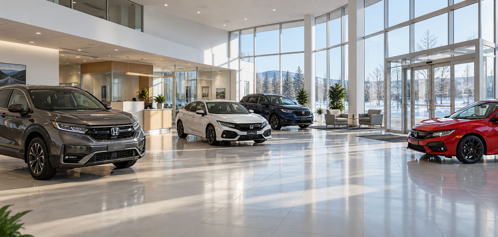Bright car showroom with four vehicles on a polished floor, tall windows and a reception area in the background