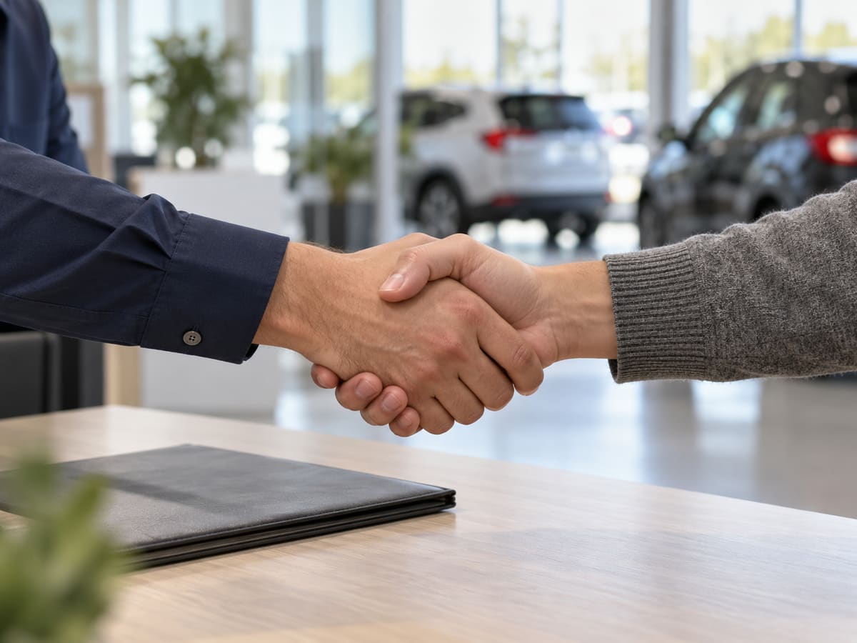 Two people shaking hands across a desk in a bright showroom, with only their hands and forearms visible