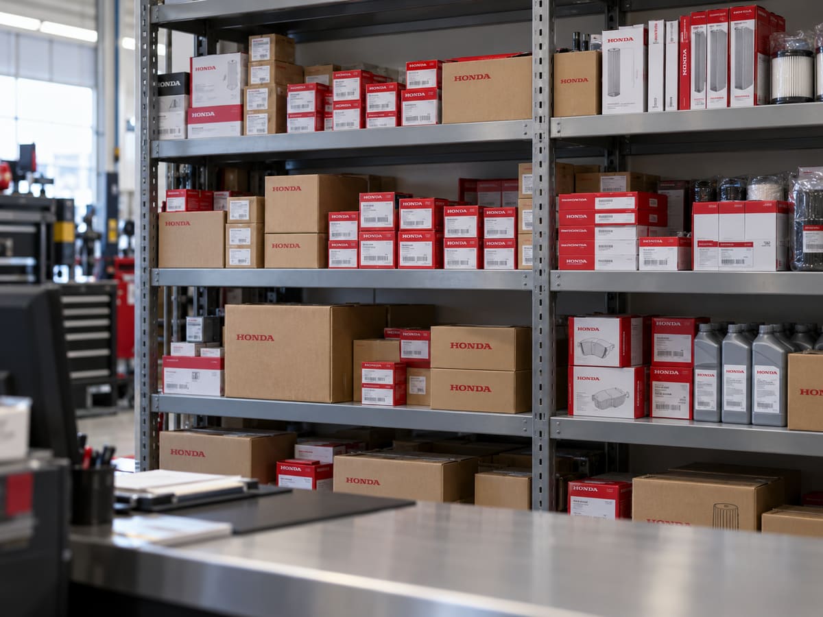 Metal shelves stocked with cardboard boxes, red-and-white parts packages and fluid bottles, behind a parts counter