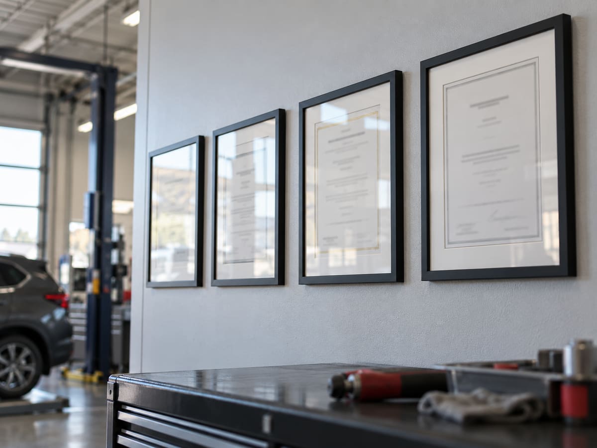 Four black-framed documents with unreadable text hanging on a workshop wall above a tool chest, with a lift and a car in the background