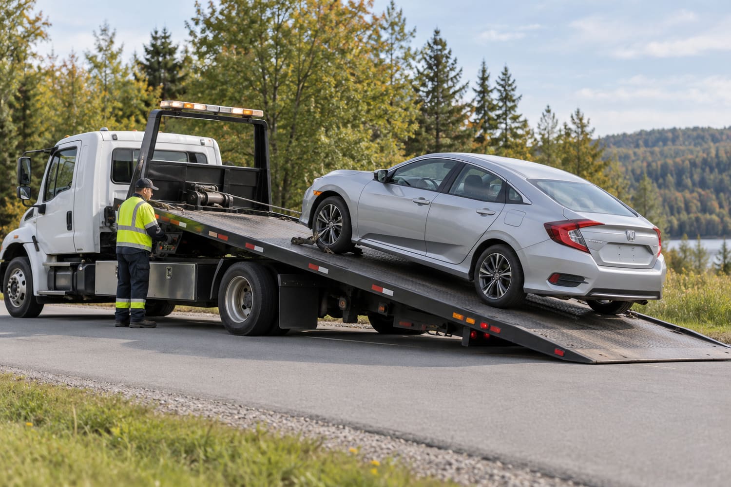 A flatbed tow truck loading a silver sedan on the side of a country road, with a person in a high-visibility vest at the controls