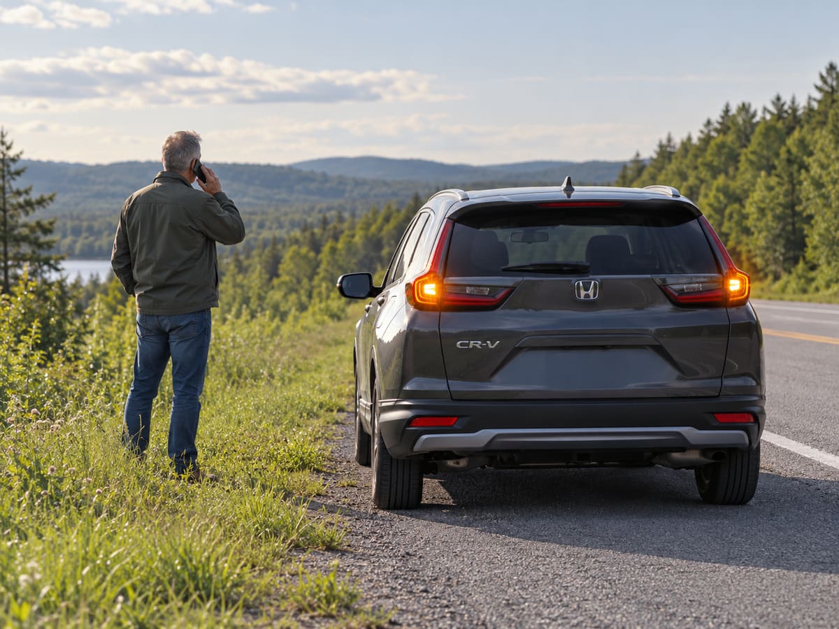 Man standing on the grass beside a road with a phone to his ear, next to a dark grey Honda crossover with its hazard lights on