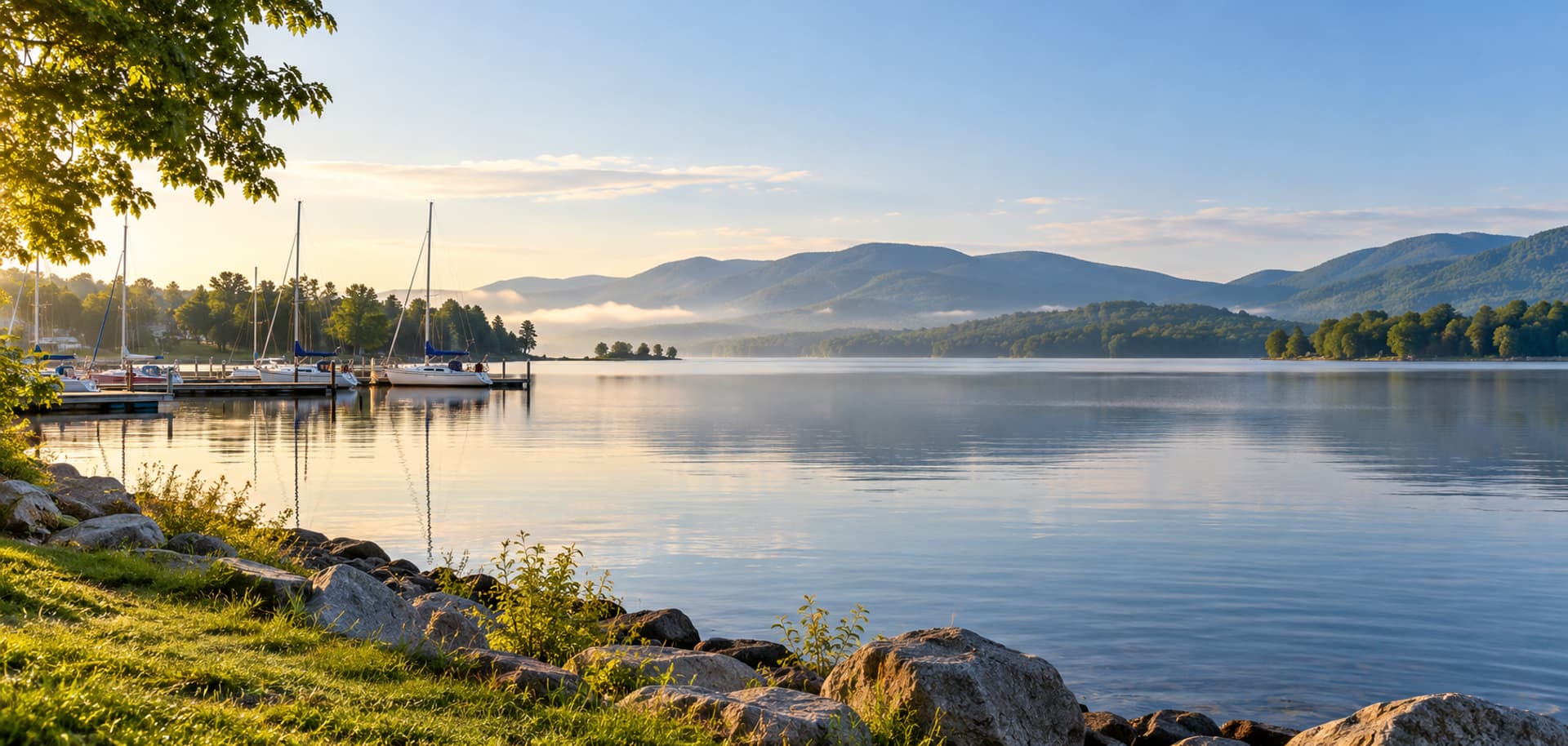 Lakeshore view at sunrise, with sailboats moored at a small marina and layered forested hills across the water
