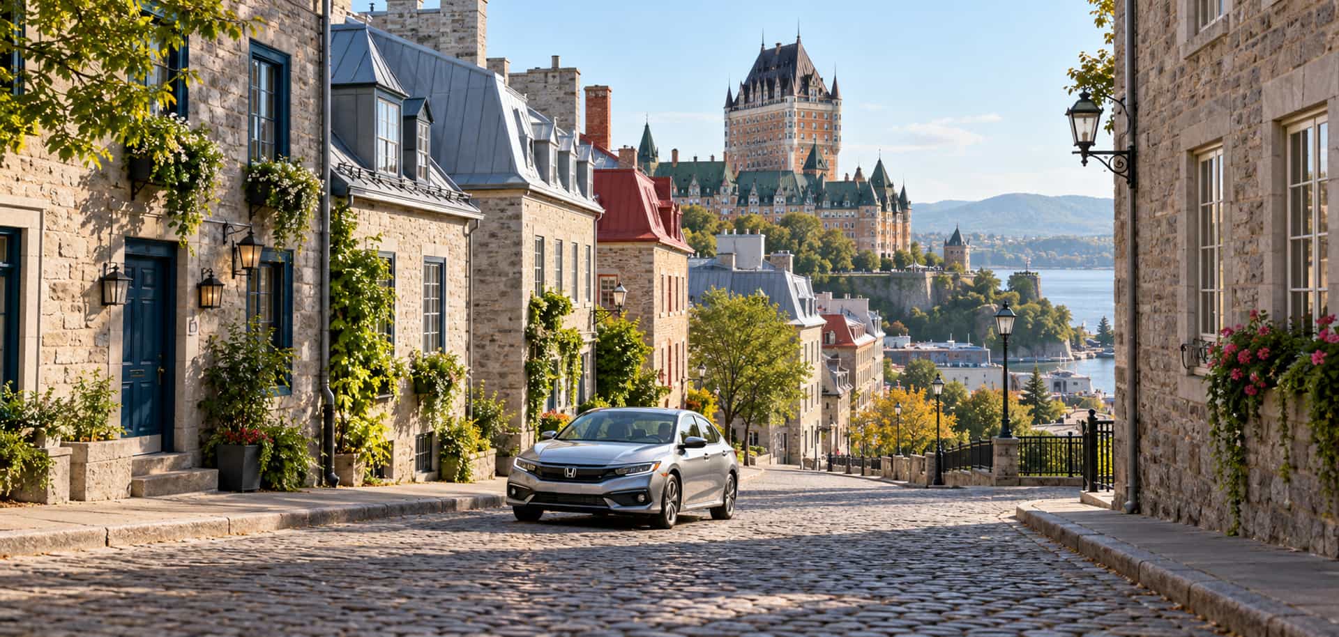 Cobbled street lined with old stone houses, with a silver Honda sedan and a large château-style building on the hill beyond