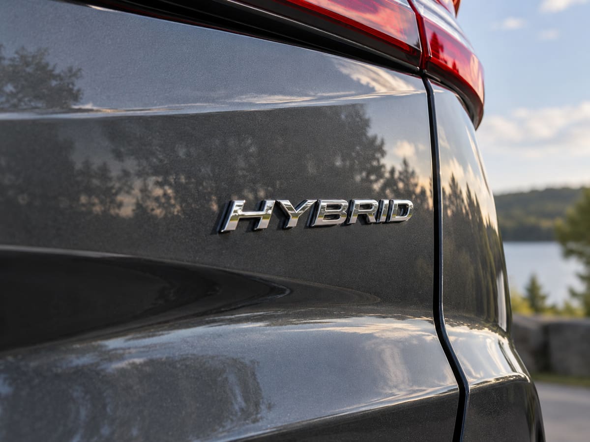 Close-up of the chrome HYBRID badge on the tailgate of a dark grey Honda crossover, with sky and trees reflected in the paint