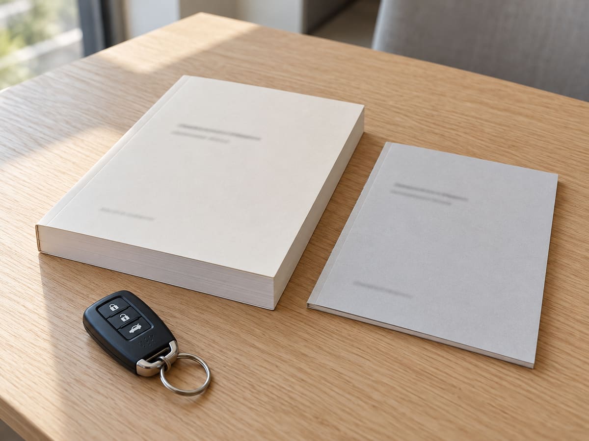A thick owner’s manual and a slimmer booklet with plain covers lying on a wooden table beside a car key fob