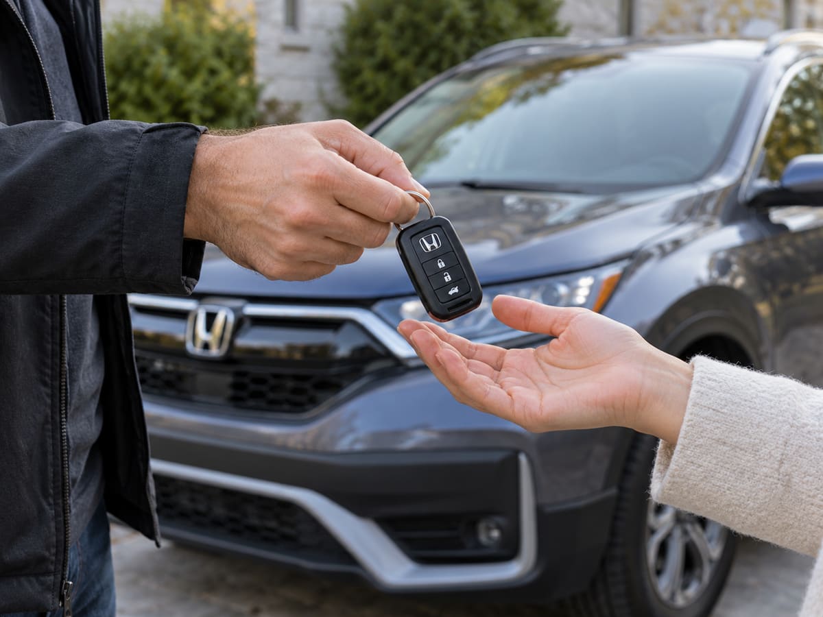 One hand passing a car key fob to another open hand, in front of a dark grey Honda crossover