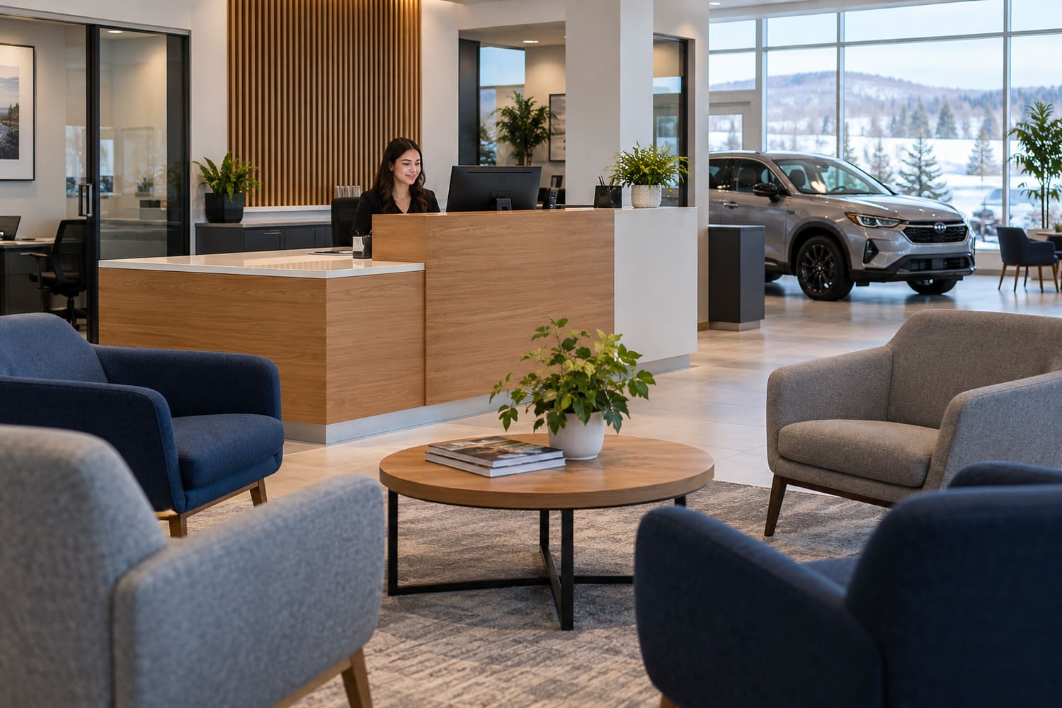 Bright reception area with a wooden desk, a person seated behind it, armchairs and a coffee table, and a car in the showroom beyond