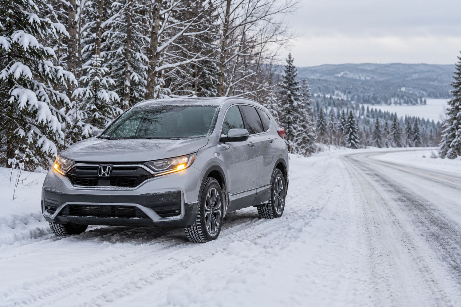 A silver Honda crossover stopped on a snowy road with its hazard lights on, surrounded by snow-covered evergreens and bare trees