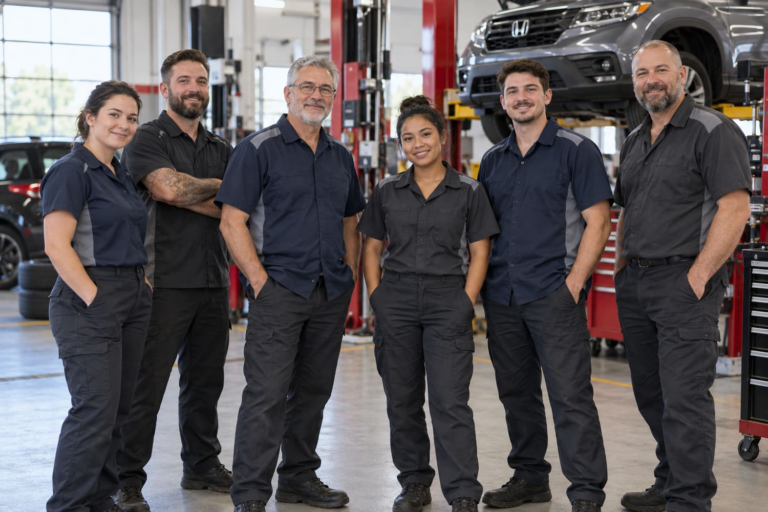Service technicians at work in a service bay, with a car raised on a lift behind them