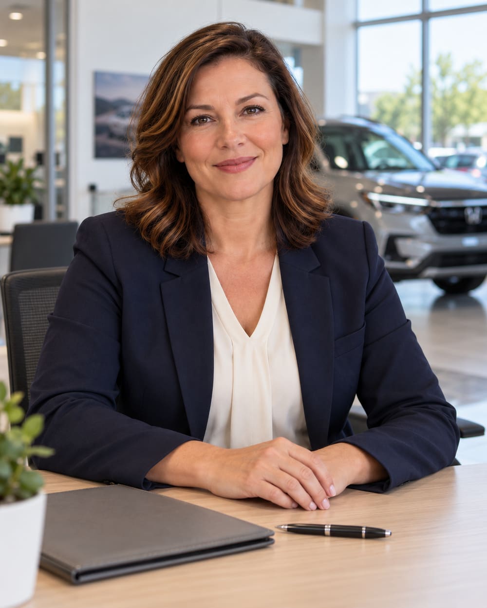 Woman in a navy blazer and a cream blouse seated at a desk with a closed folder and a pen, in a bright showroom