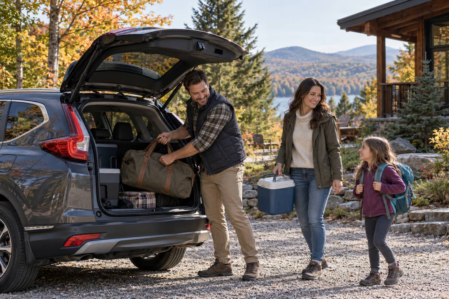 Family of three loading a duffel bag and a cooler into the open rear hatch of a dark grey Honda crossover, beside a timber chalet in autumn