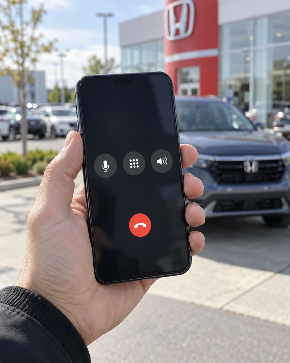 A hand holding a smartphone that shows a call in progress, with a blue Honda crossover and a dealership building with a red tower behind