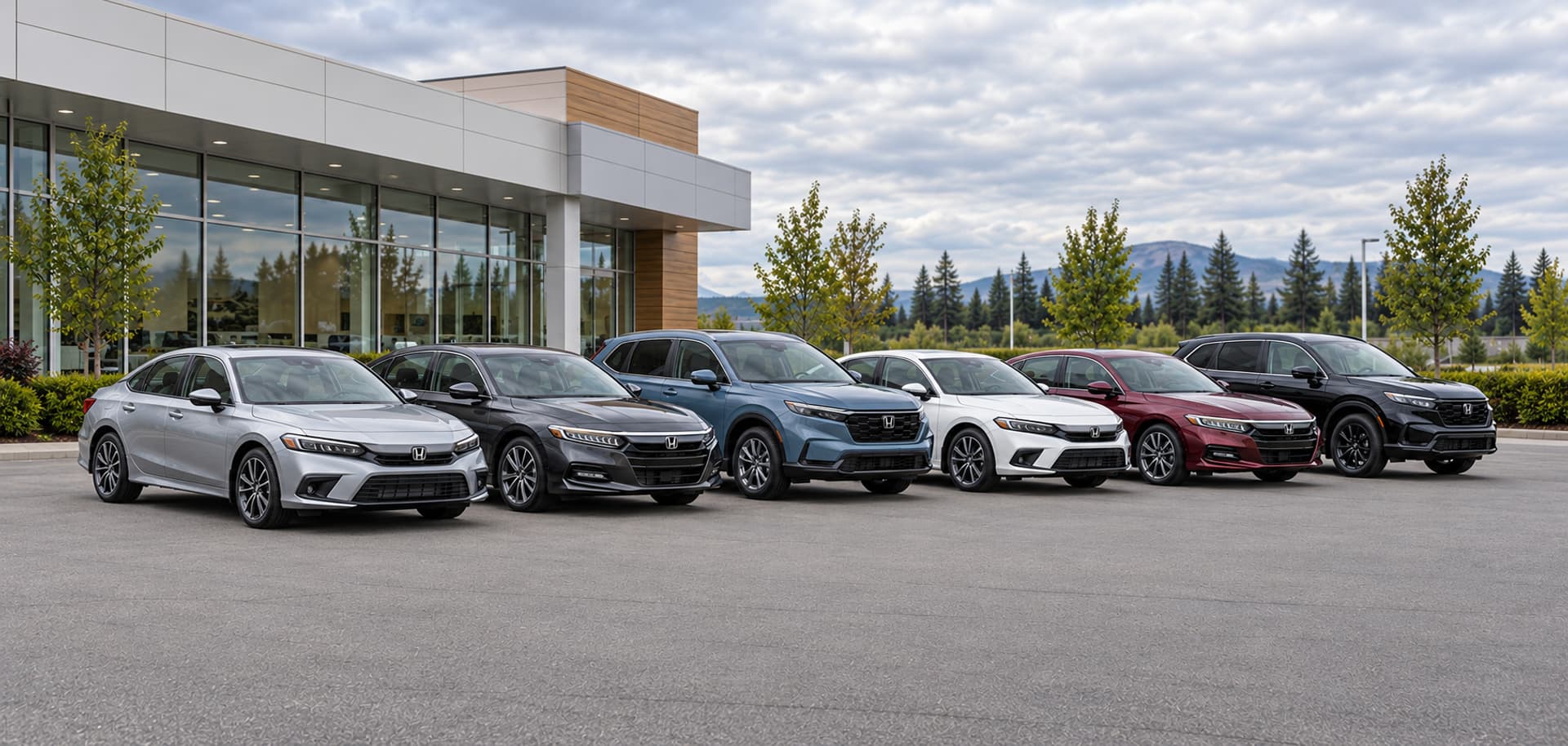 Six Honda cars of different colours and body styles parked side by side in front of a glass-fronted building