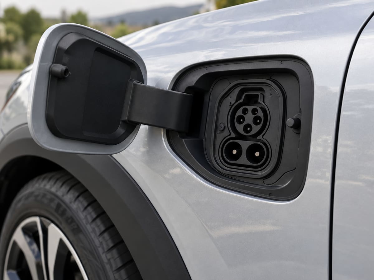 Close-up of the open charging port on the front fender of a silver electric SUV, with the flap open and no cable connected
