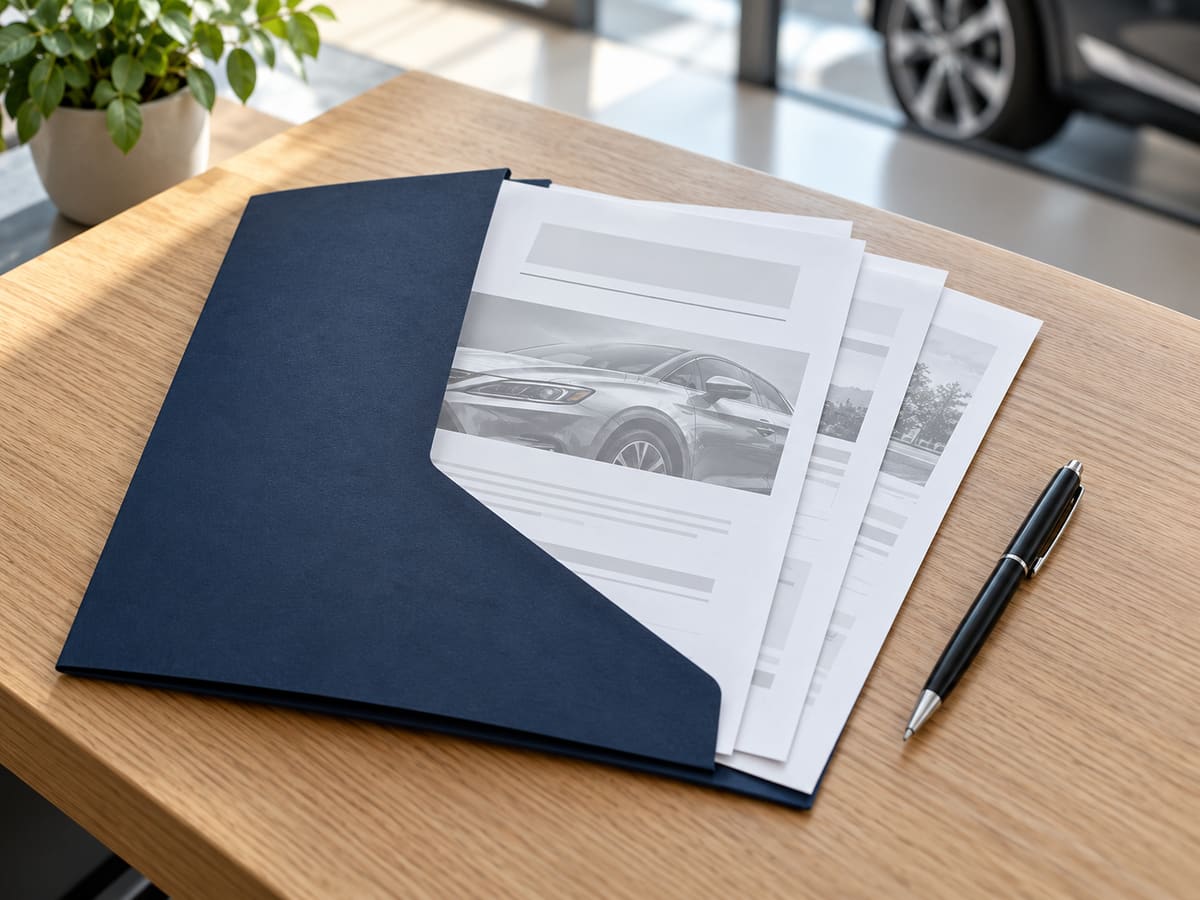 A navy folder holding several printed pages with unreadable text and a car picture, next to a pen on a wooden desk