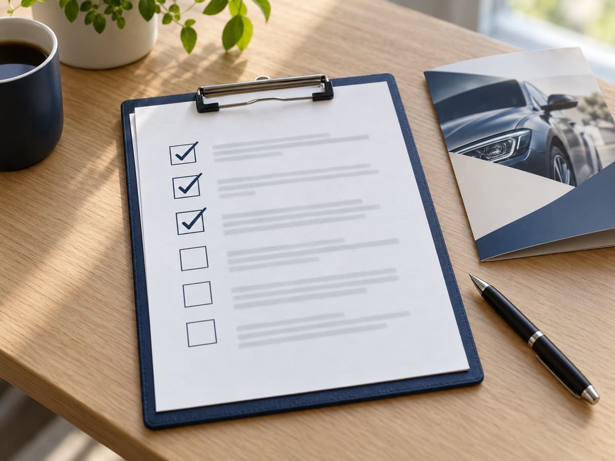 A clipboard holding a checklist with six boxes, three of them ticked, next to a pen, a coffee cup and a folded brochure with a car picture